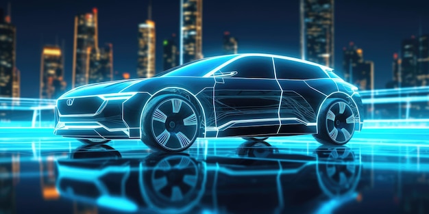 Каркасное изображение автомобиля с синим светом, созданное AI