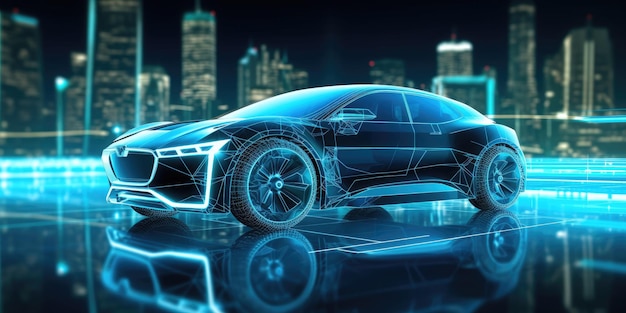 Wireframe car blue light AI generated Image