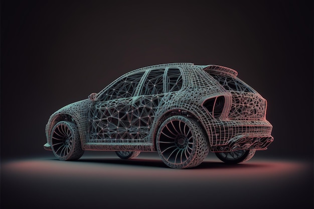 Wireframe car concept on the road in high resolution for car building new model design innovation future technology development science improvement wallpaper crossover AI