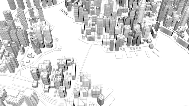 Фото wireframe cityscape низкий полигон городов и зданий в деловом районе города высокая конструкция есть реки и дороги3d рендеринг