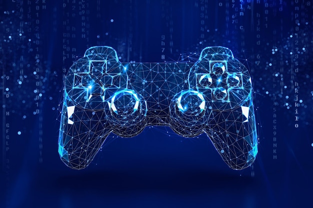 Concetto wireframe di un joypad per videogiochi su sfondo blu scuro d rendering