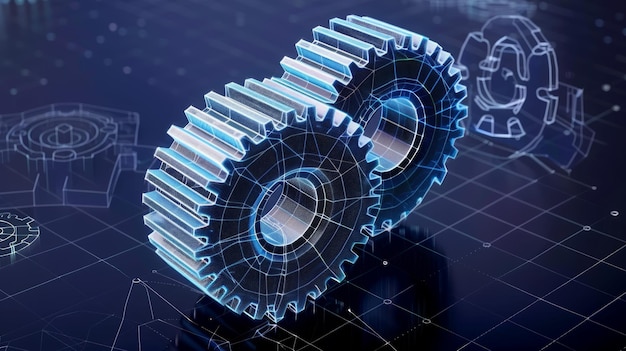 Wireframe-illustratie van een tandwiel op een donkerblauwe achtergrond Symbool voor mechanische technologie en machine-engineering Illustratie van het bedrijfsplan voor de ontwikkeling van het project.