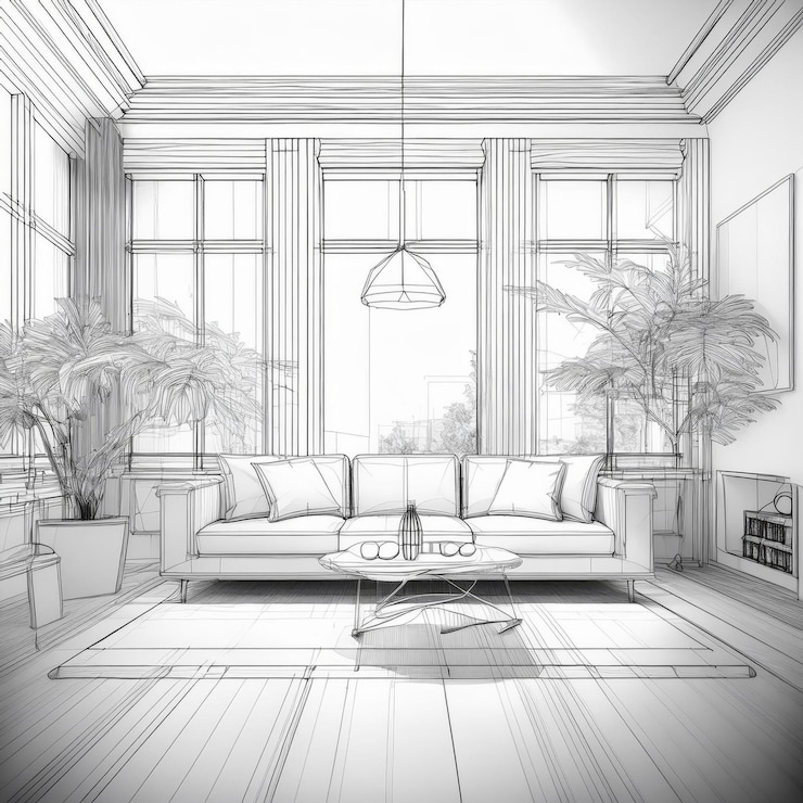 Photo wireframe line bedroom with white background