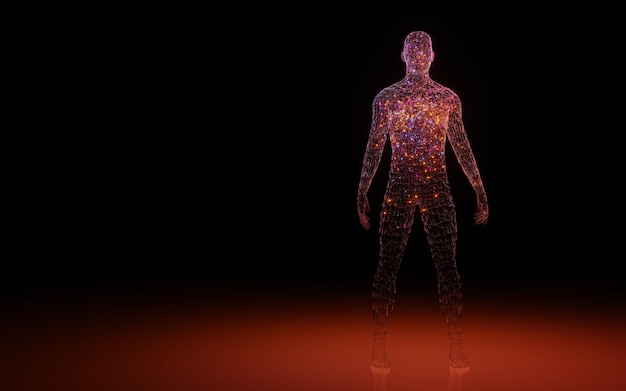 Foto corpo umano maschile wireframe con particelle all'interno con spazio di copia