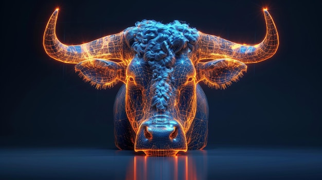 Wireframe mesh of a low polygon Bull head on a blue background