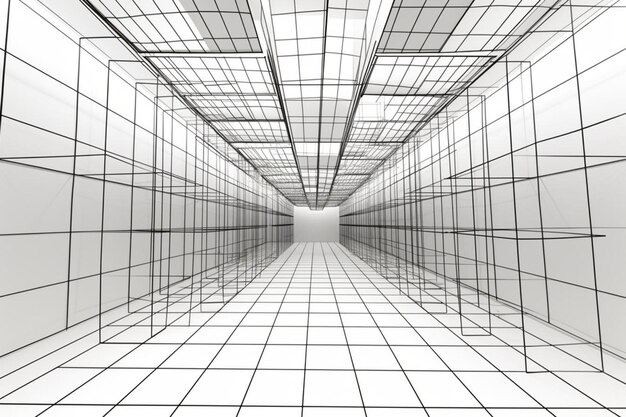 Wireframe room on the white background perspective grid box with digital space