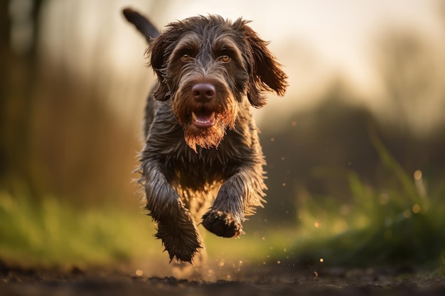 wirehaired pointing griffon running and jumping on a path