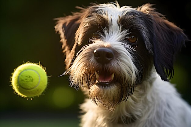 WireHaired White And Black Dog Puppy Pictures With Tennis Ball