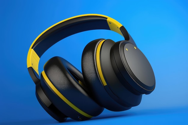 Wireless black and yellow headphones on blue background generative AI