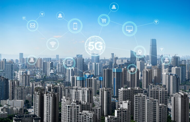 Photo wireless communication network concept.panorama of modern city