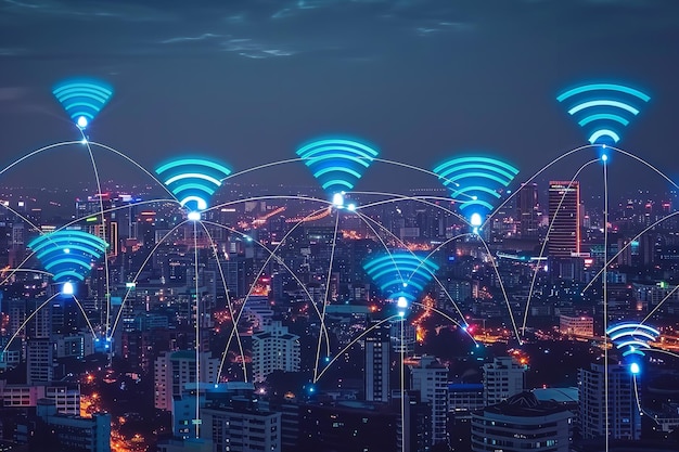 Foto connettività wireless e città di connessioni ia generativa