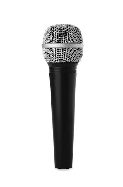Wireless dynamic microphone on white background Professional audio equipment