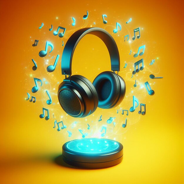 Photo wireless headphone floating with neon music notes