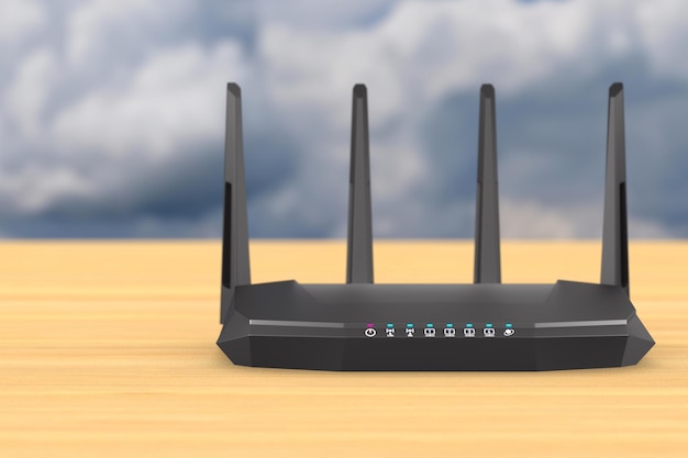 Wireless internet router on wooden table. 3D illustration