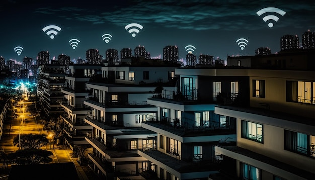 写真 ワイヤレス インターネット 線は、ある wifi アイコンからアパートの建物の上にある次の wifi アイコンへと続いています。