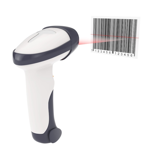 Wireless Manual Bar Code Reader that Read a Bar Code with Laser Light on a white background. 3d Rendering.