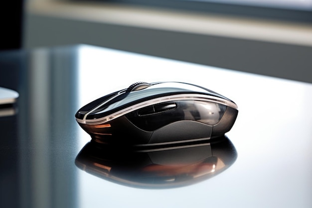 A wireless mouse on a glass desk