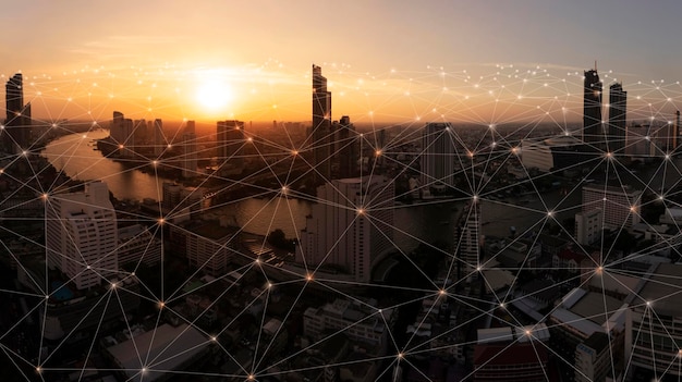 wireless network and connection technology concept with abstract buildings and city background