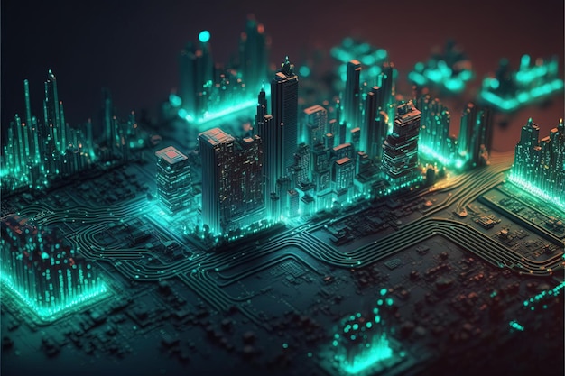 추상적인 도시 배경을 가진 무선 네트워크 및 연결 기술 개념