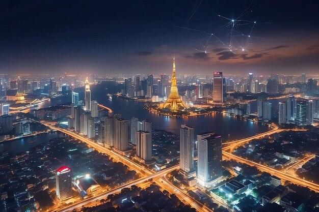 Wireless network and Connection technology concept with Bangkok city background at night in Thailand