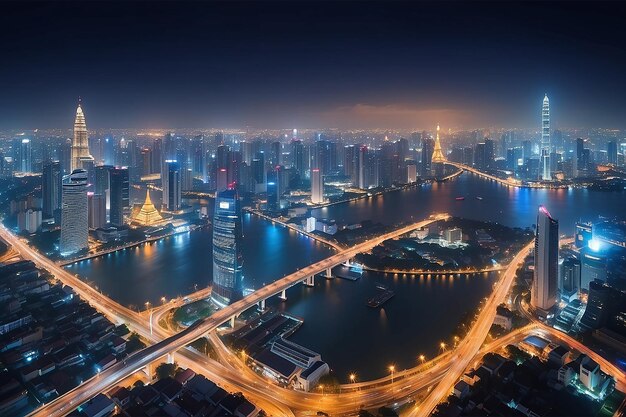 Wireless network and Connection technology concept with Bangkok city background at night in Thailand