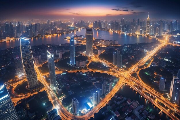 Wireless network and Connection technology concept with Bangkok city background at night in Thailand