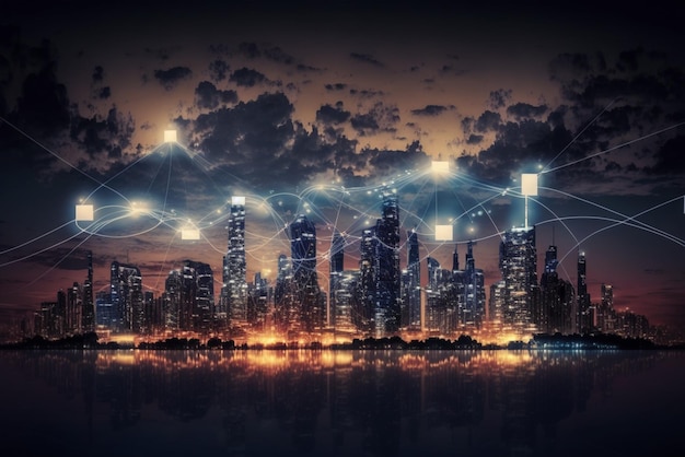 Wireless network and Connection technology concept with city background at night