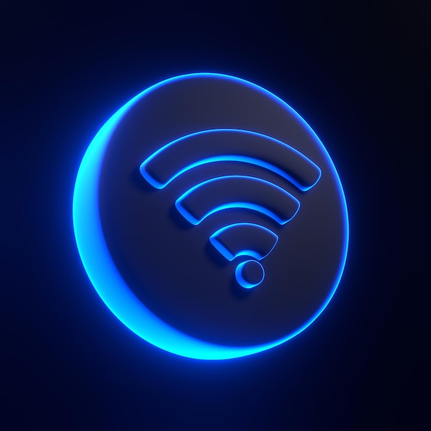wireless network icon or technology wifi with bright glowing blue neon lights on black background 3d