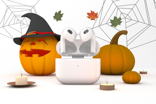 Foto vista frontale dei baccelli wireless in uno sfondo a tema di halloween