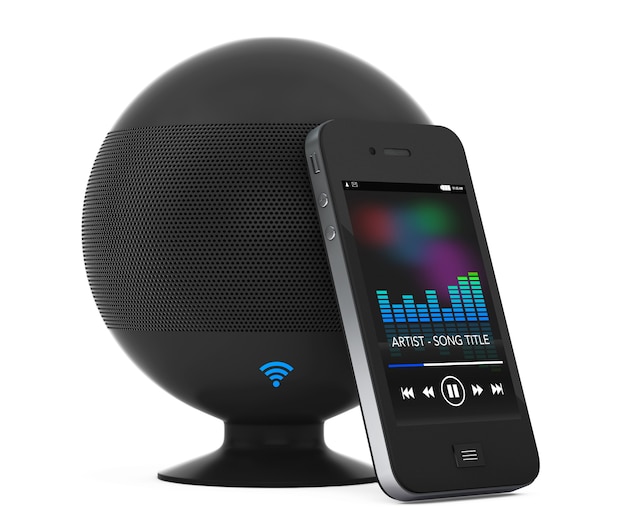 Wireless Speakers connected to Mobile Phone on a white background. 3d Rendering