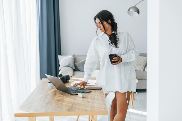 Wireless technology Uses laptop Woman in casual clothes is indoors at home