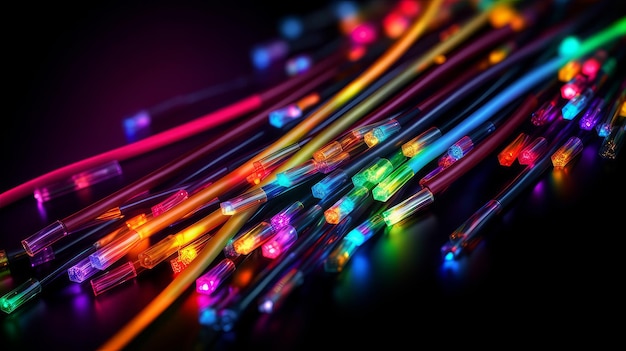 Wires from modern technology are bright and with neon light Glowing colorful background AI generated