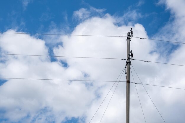 Wires and wire fences under blue sky and white clouds.