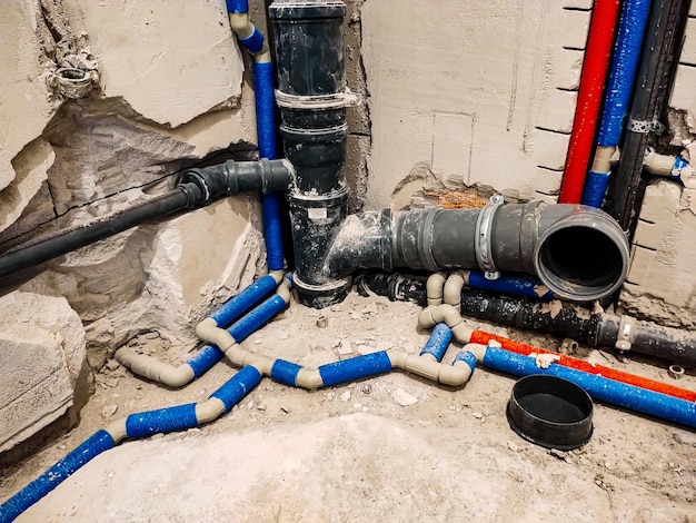 Foto cablaggio di tubi idraulici per l'approvvigionamento idrico in una nuova casa tubazioni principali dell'acqua cablaggio idraulico in un appartamento di nuova costruzione riparazione nei locali professione di costruttore decorazione d'interni