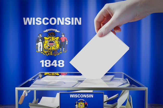 Wisconsin vlag hand laten vallen stembiljet in een vak stemming verkiezing concept 3D illustratie