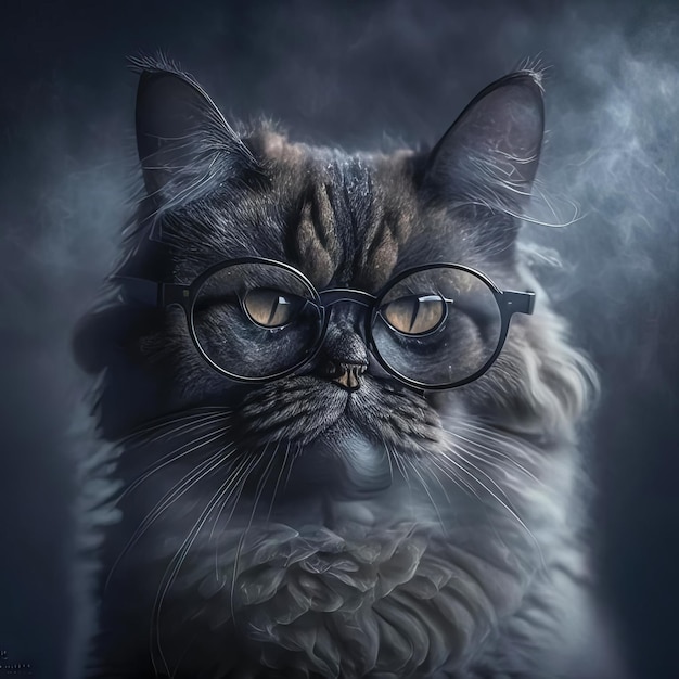 Wise animal with glasses Portrait of a cat with glasses on a dark background