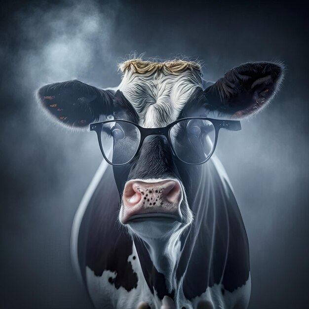 Wise animal with glasses Portrait of a cow with glasses on a dark background