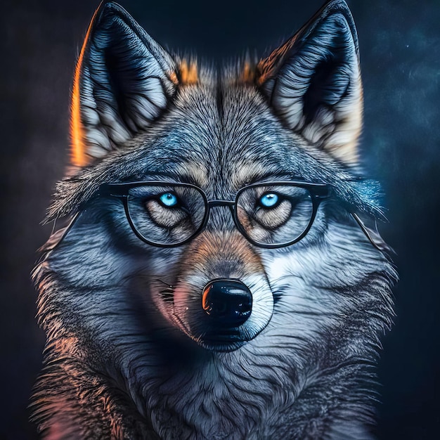 Wise animal with glasses Portrait of a wolf in glasses on a dark background