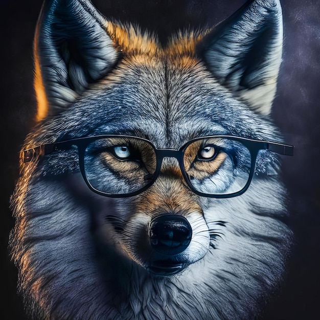 Wise animal with glasses Portrait of a wolf in glasses on a dark background