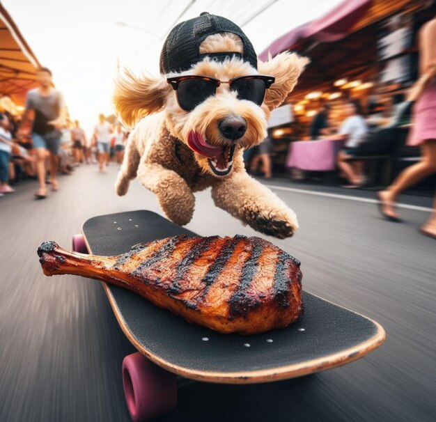 Wise beige terrier dief draagt pet zonnebril ontsnappen op skateboard straat markt gestolen gegrilde steak