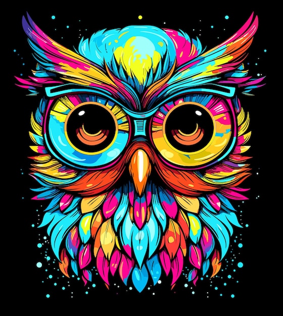 Wise and cute owl in glasses isolated on black background in vector pop art style Template for tshirt sticker