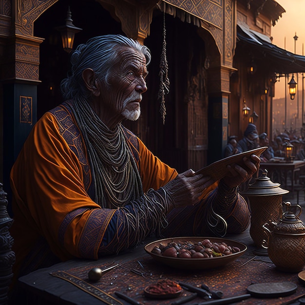 A wise elder storyteller captivates a circle of eager listeners with tales of forgotten legends