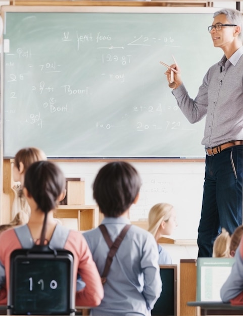 A wise and experienced teacher stands in front of a chalkboard surrounded by eager students