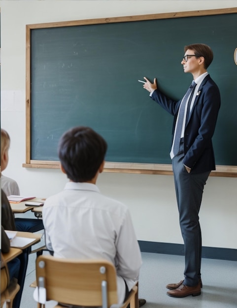 현명 하고 경험 많은 교사 가 열렬 한 학생 들 에 둘러싸인 <unk>판 앞 에 서 있다