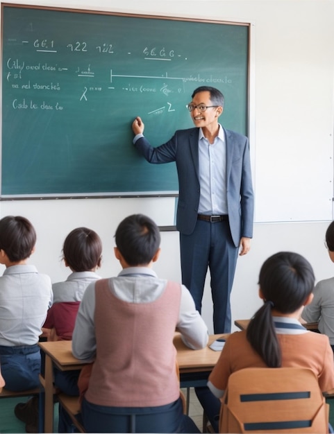 A wise and experienced teacher stands in front of a chalkboard surrounded by eager students