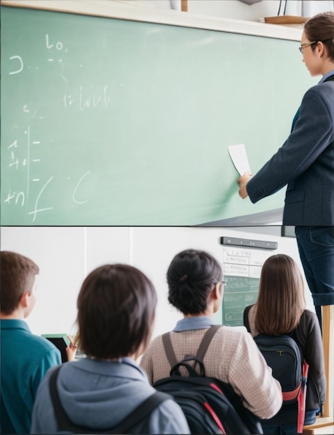 A wise and experienced teacher stands in front of a chalkboard surrounded by eager students