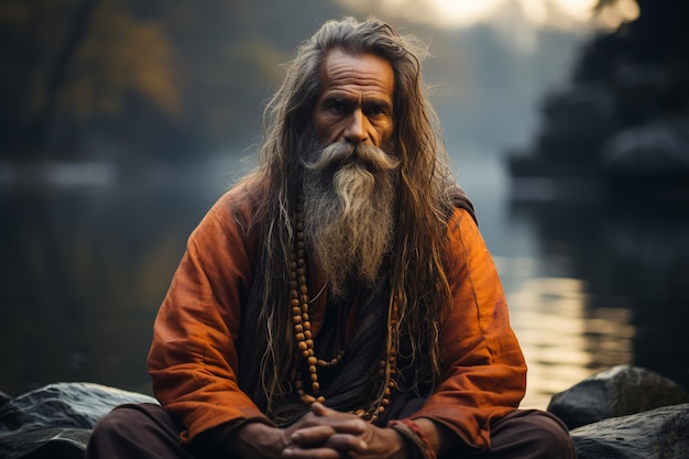 Wise Hindu long bearded and long haired Guru sitting by a river meditating dressed in orange