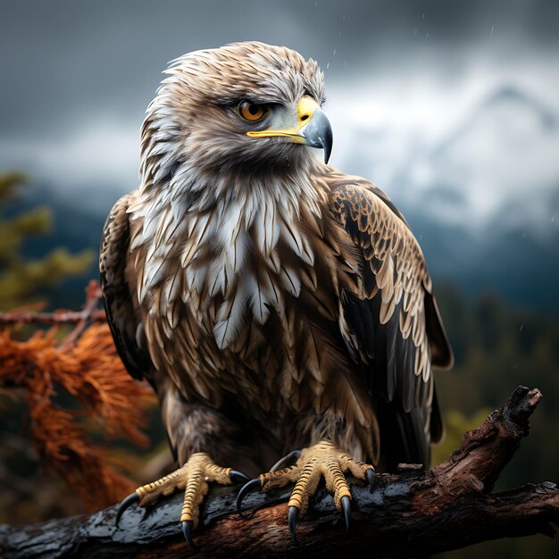 A Wise Looking Eagle Perched on a Tree Branch Against a Dram Hyper Realistic Illustration Photo Art