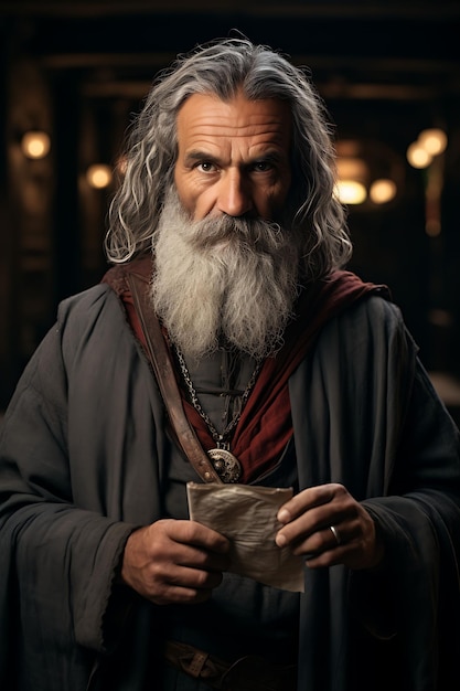 A Wise Medieval Old Sage Holding a Busine Business Card With Creative Photoshoot Desig
