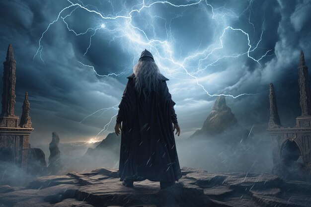 A wise old mage conjuring a mystical storm amidst 00546 02